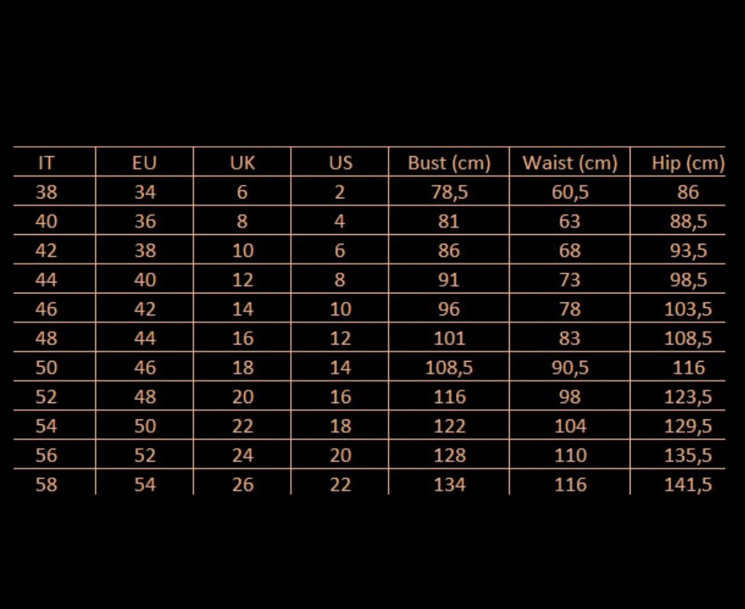 Size Chart with IT,EU,UK and US measurements