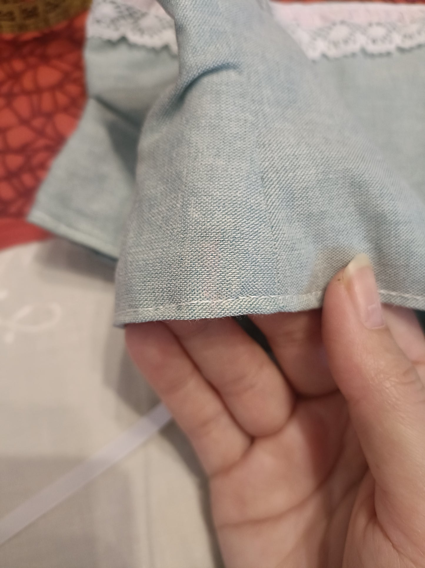 light blue cotton corset belt with hite lace