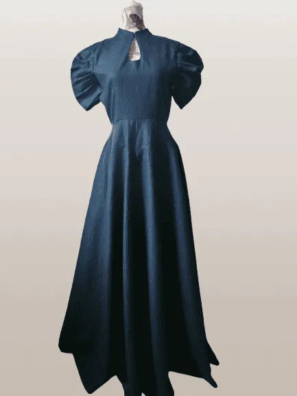 Long Black Dahlia Linen Couture Dress – Haute Couture Black Linen Gown with Anti-Static Lining Size M (IT 44)