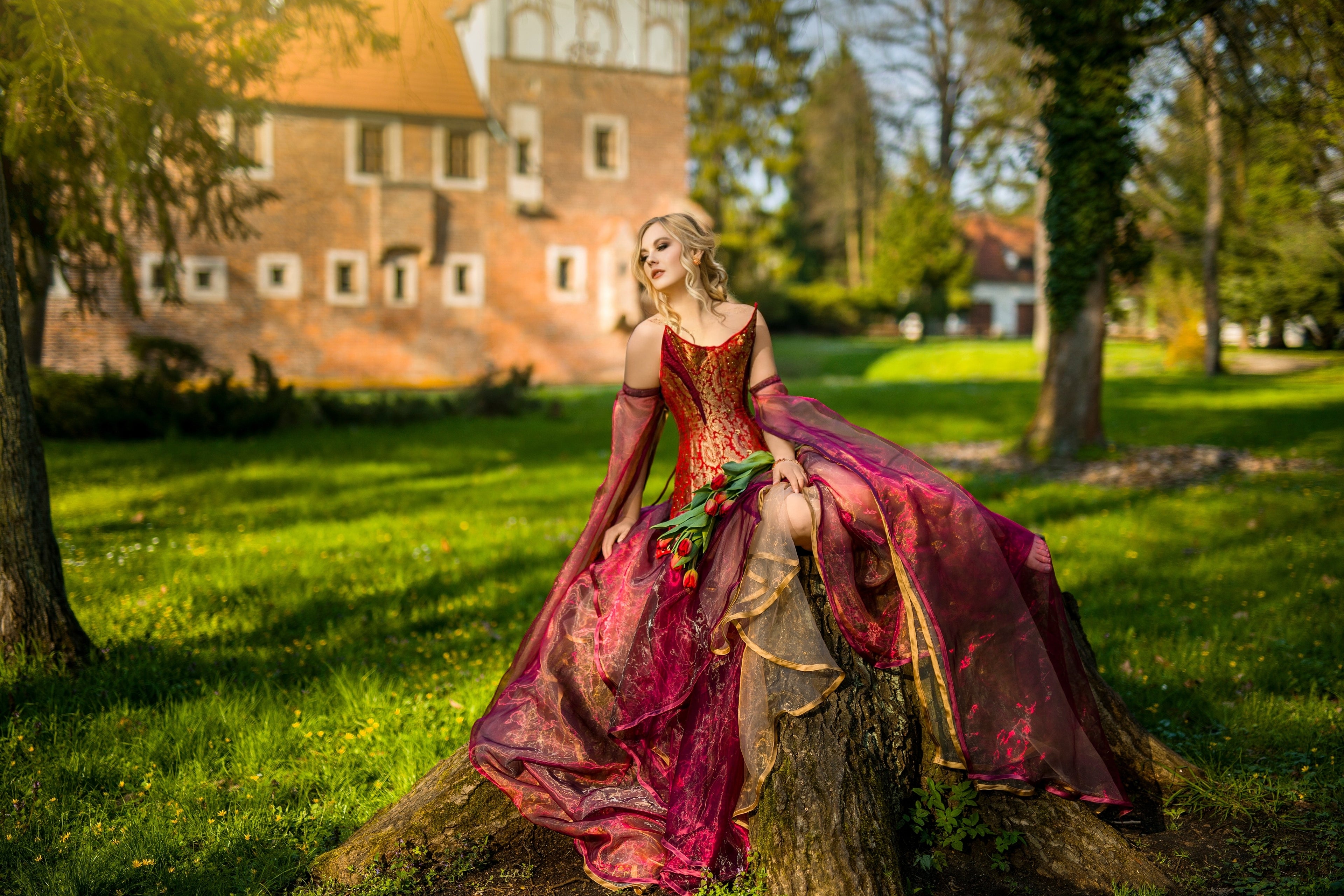Opulent, elegant and luxurious red and gold brocade corset, decorated with organza, golden rhinestones and combined with detachable sleeves and a ruffle organza skirt
