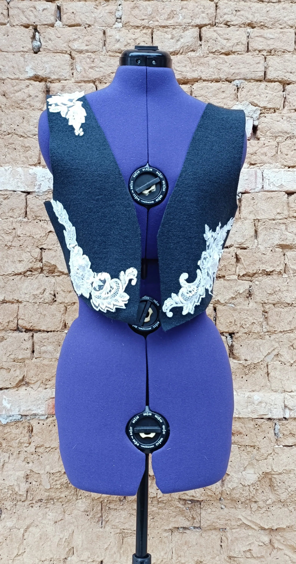 Luxury Hand-Beaded 3D White Lace Vest – 100% Wool Loden (Black or Brown) – Couture Waistcoat with Pearls & French Lace