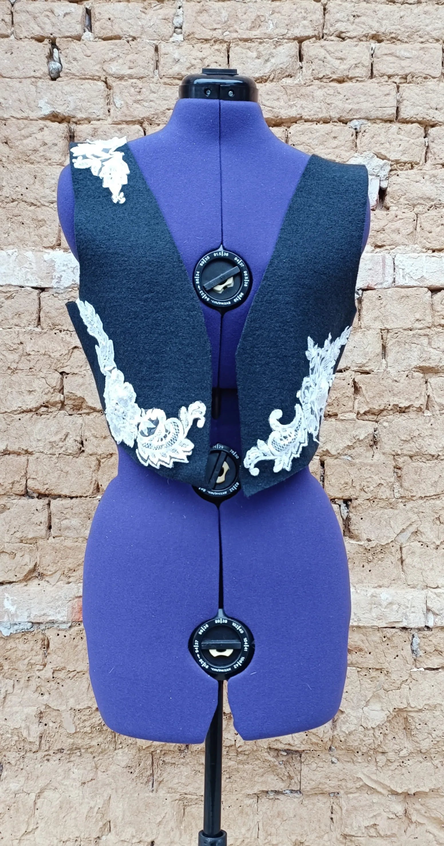 Luxury Hand-Beaded 3D White Lace Vest – 100% Wool Loden (Black or Brown) – Couture Waistcoat with Pearls & French Lace