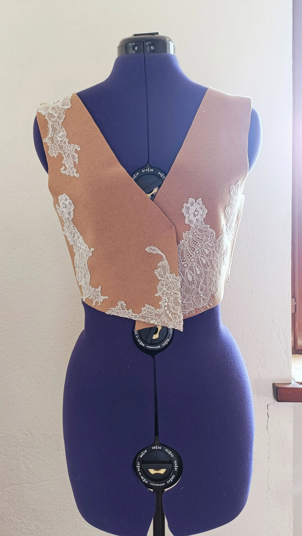 Luxury Hand-Beaded 3D White Lace Vest – 100% Wool Loden (Black or Brown) – Couture Waistcoat with Pearls & French Lace