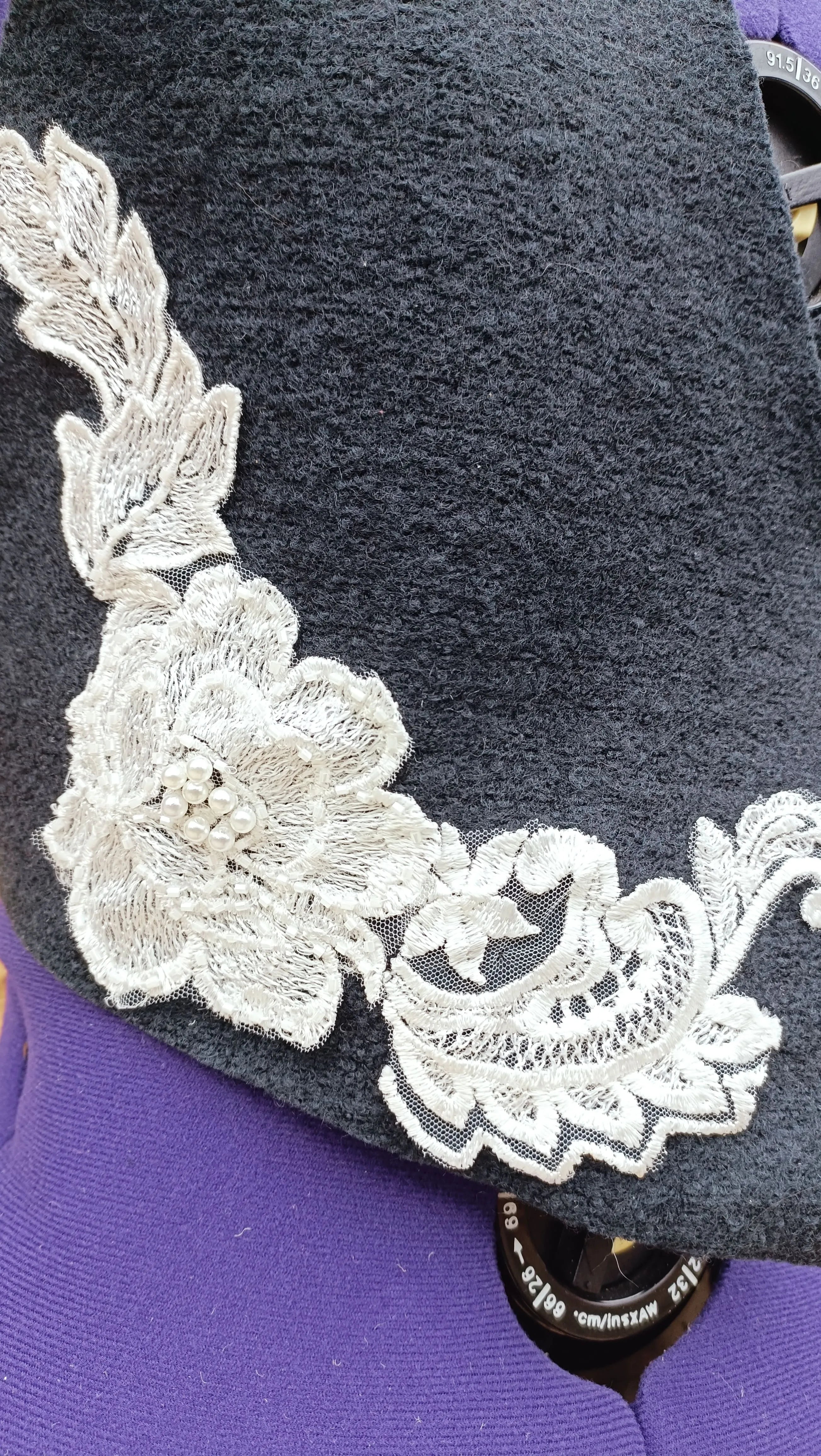 Luxury Hand-Beaded 3D White Lace Vest – 100% Wool Loden (Black or Brown) – Couture Waistcoat with Pearls & French Lace