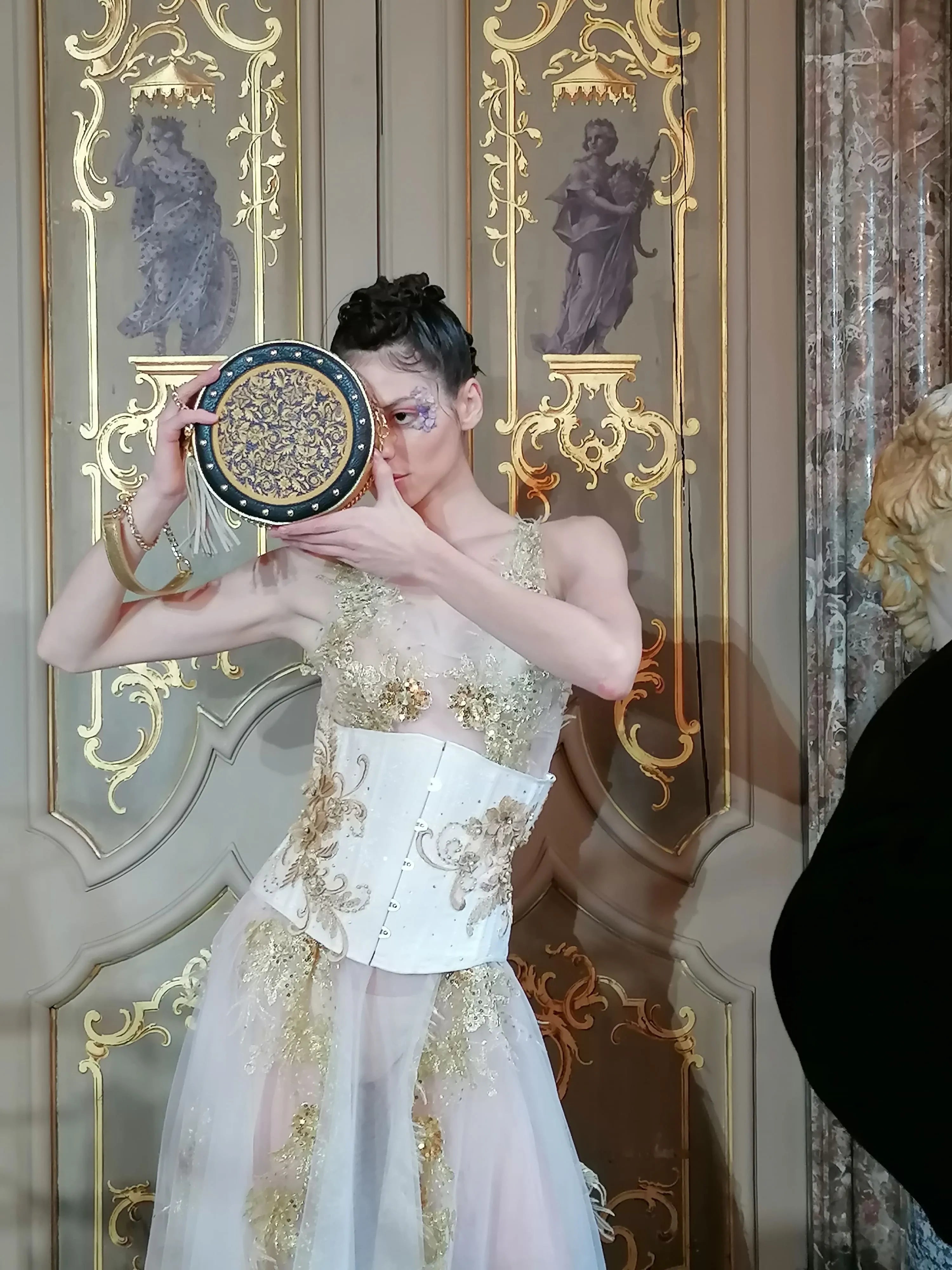 DIANA – Soft Pink Tulle & Golden Lace Wedding Dress – Ethereal Goddess Bridal Gown Size M (IT 42)