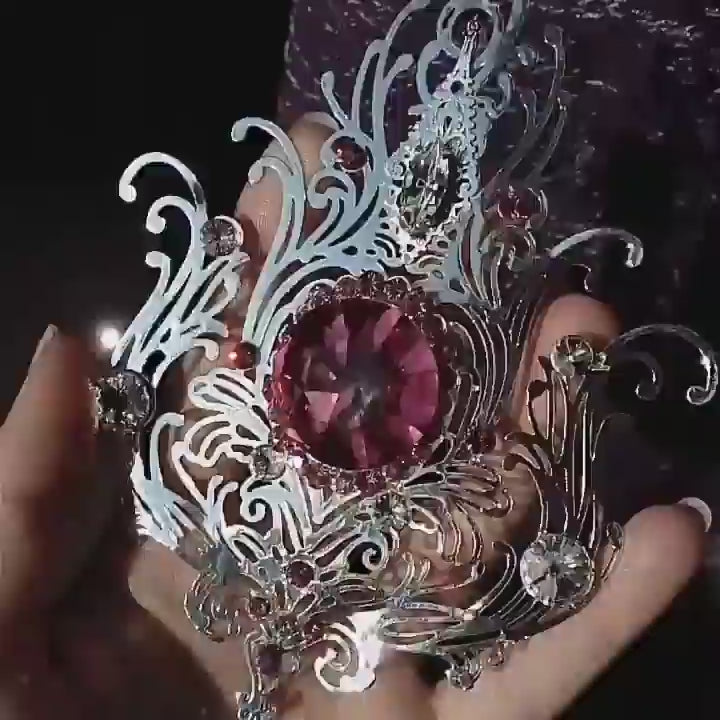 Soft pink tulle wedding gown with metal filigree decorations, white and pink crystals and plating fabric on the bust. Video details of the metal felegree decorations