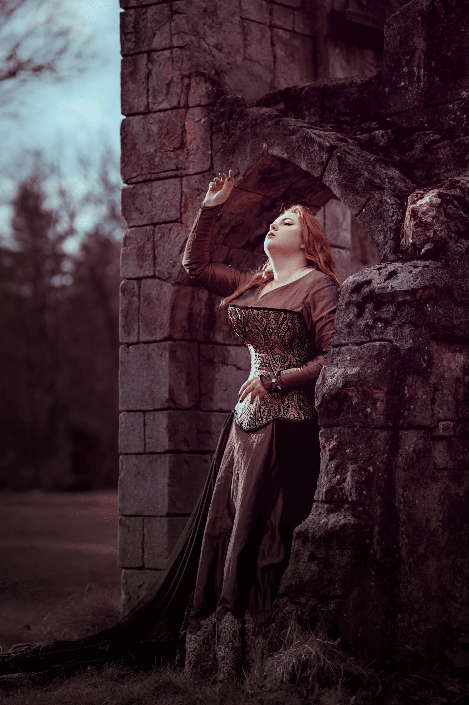 Lizan - Plus-Size Blue & Gold Brocade Overbust Corset – Handcrafted Curvy Corset with Satin Ribbon Lacing