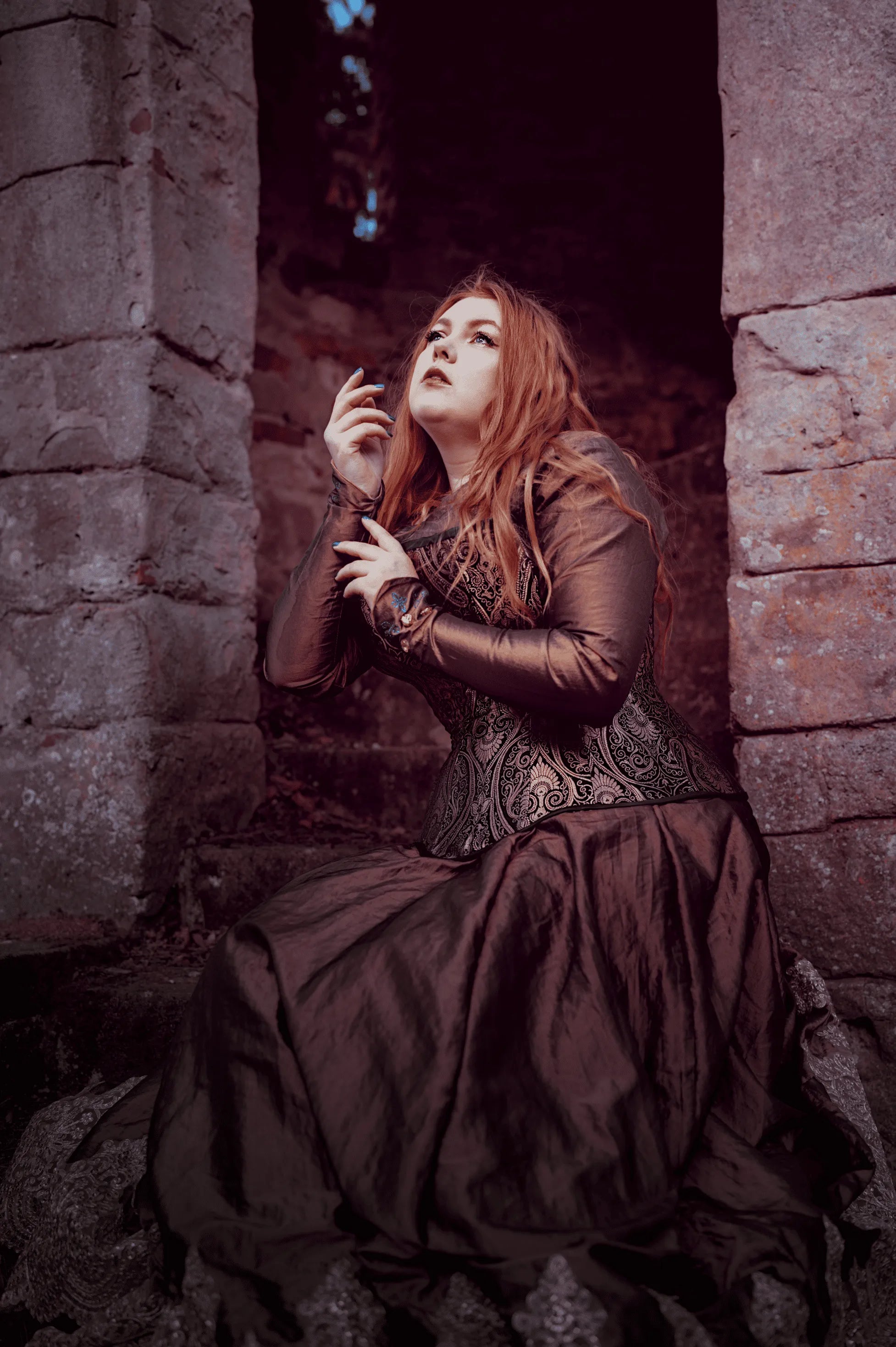 Lizan - Plus-Size Blue & Gold Brocade Overbust Corset – Handcrafted Curvy Corset with Satin Ribbon Lacing