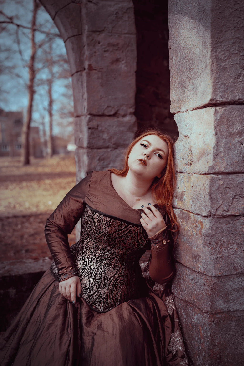 Lizan - Plus-Size Blue & Gold Brocade Overbust Corset – Handcrafted Curvy Corset with Satin Ribbon Lacing