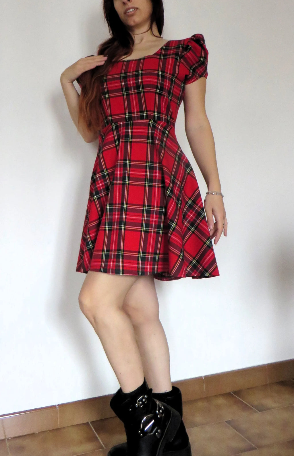 Twins Tartan Mini Dress – Short Puff Sleeves & Square Neckline Size IT 42