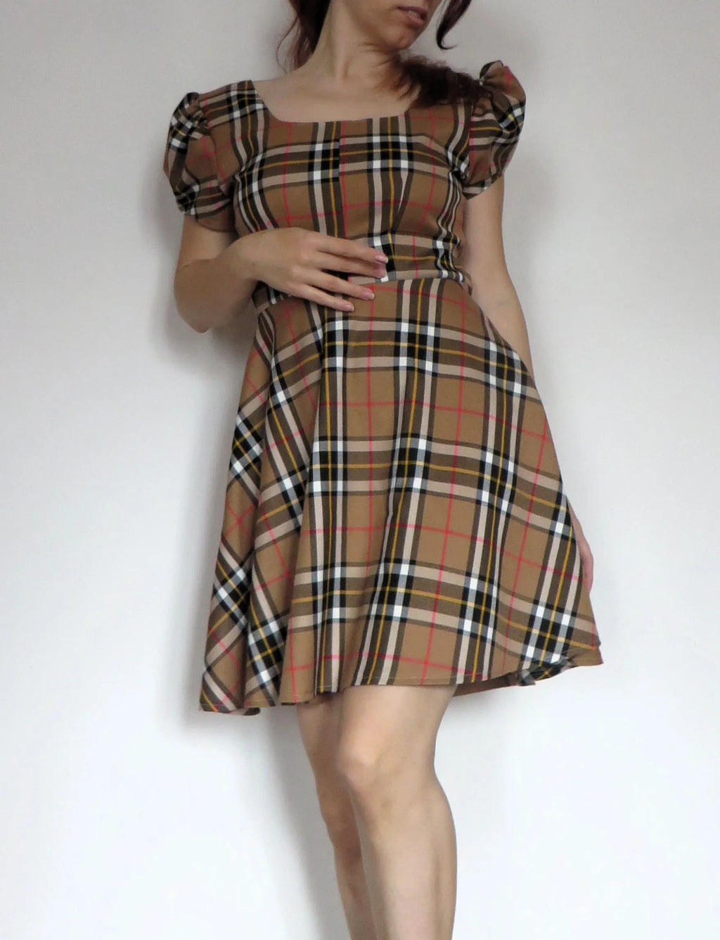 Twins Tartan Mini Dress – Short Puff Sleeves & Square Neckline Size IT 42