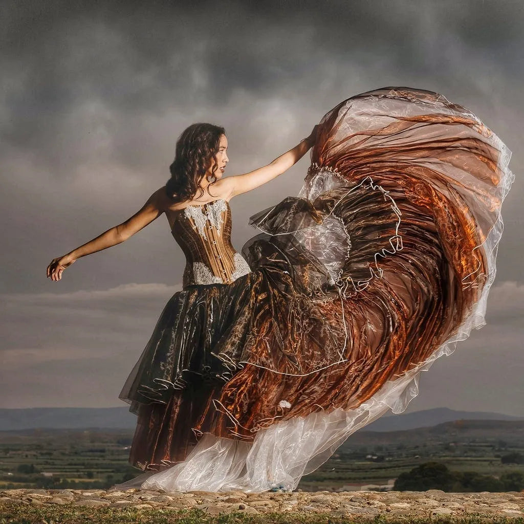 Autumn Goddess Set, Shantung Silk Wedding Gown with Overbust Corset & Voluminous Organza Skirt – White Lace & Brown Rhinestones