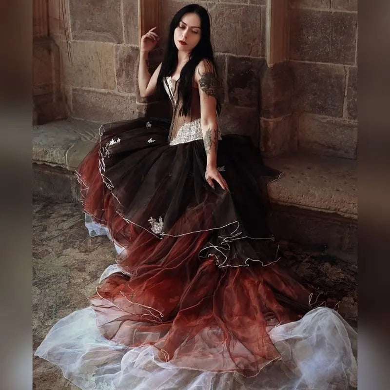 Autumn Goddess Set, Shantung Silk Wedding Gown with Overbust Corset & Voluminous Organza Skirt – White Lace & Brown Rhinestones