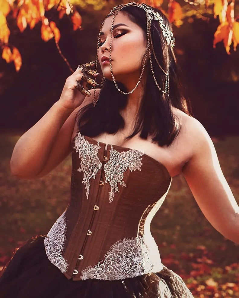 Autumn Goddess Set, Shantung Silk Wedding Gown with Overbust Corset & Voluminous Organza Skirt – White Lace & Brown Rhinestones