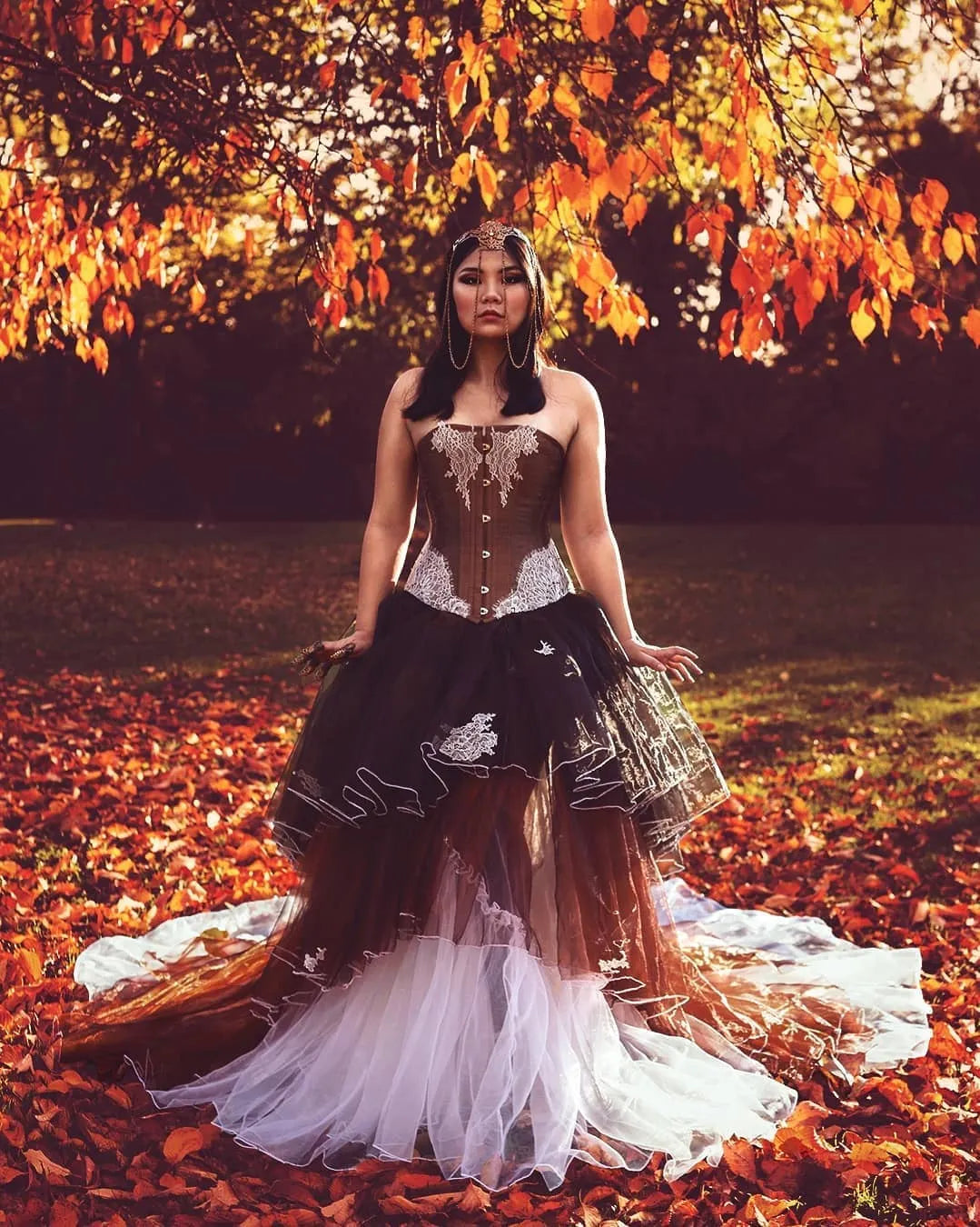 Autumn Goddess Set, Shantung Silk Wedding Gown with Overbust Corset & Voluminous Organza Skirt – White Lace & Brown Rhinestones