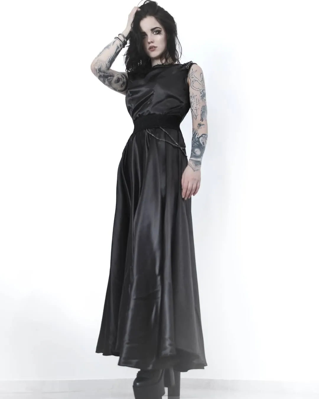 Night Bride - Gothic Black Satin Wedding Dress with Flower Jewel Shoulders – Unlined Handmade Italian Sample Gown Size M (IT 42)