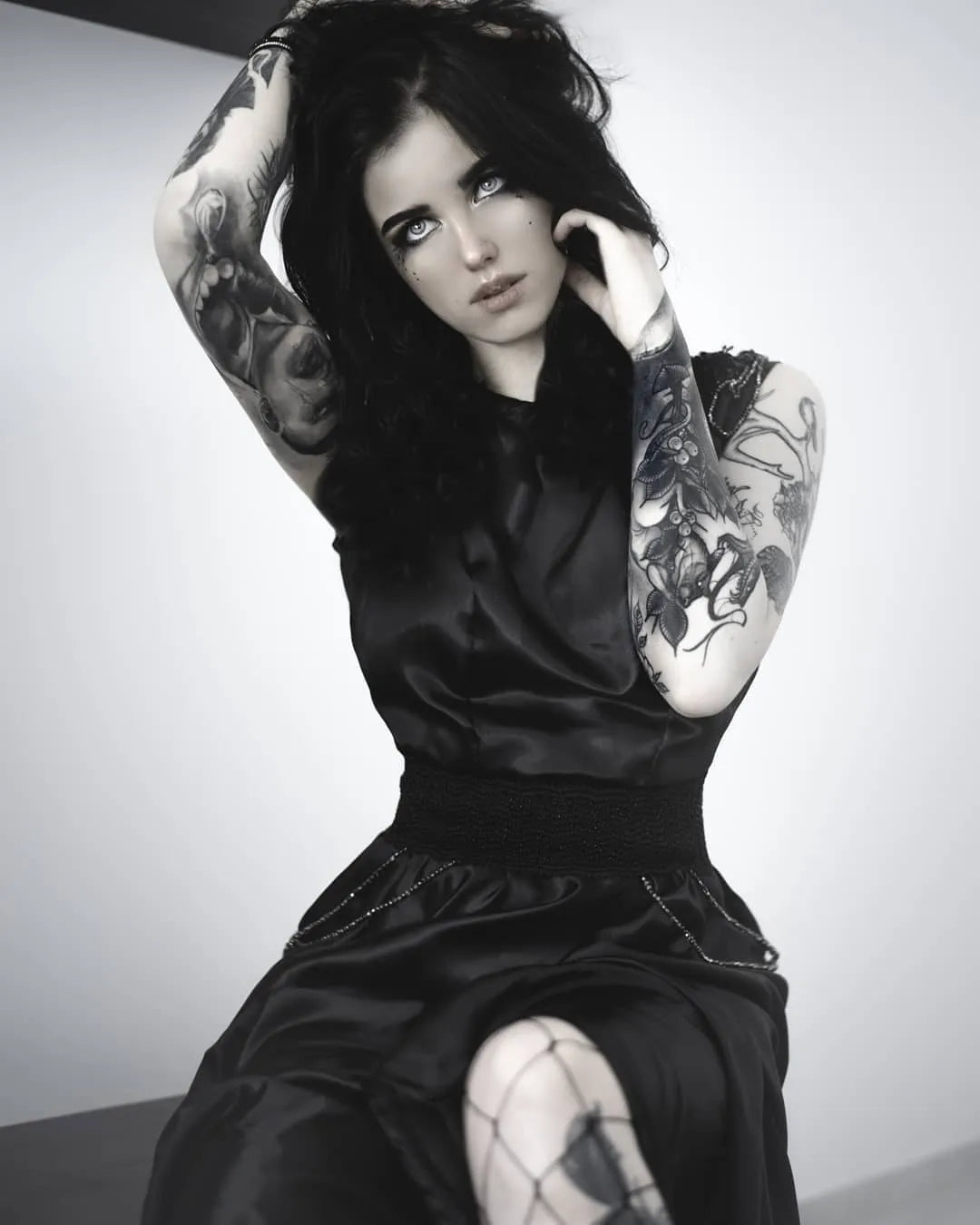 Night Bride - Gothic Black Satin Wedding Dress with Flower Jewel Shoulders – Unlined Handmade Italian Sample Gown Size M (IT 42)