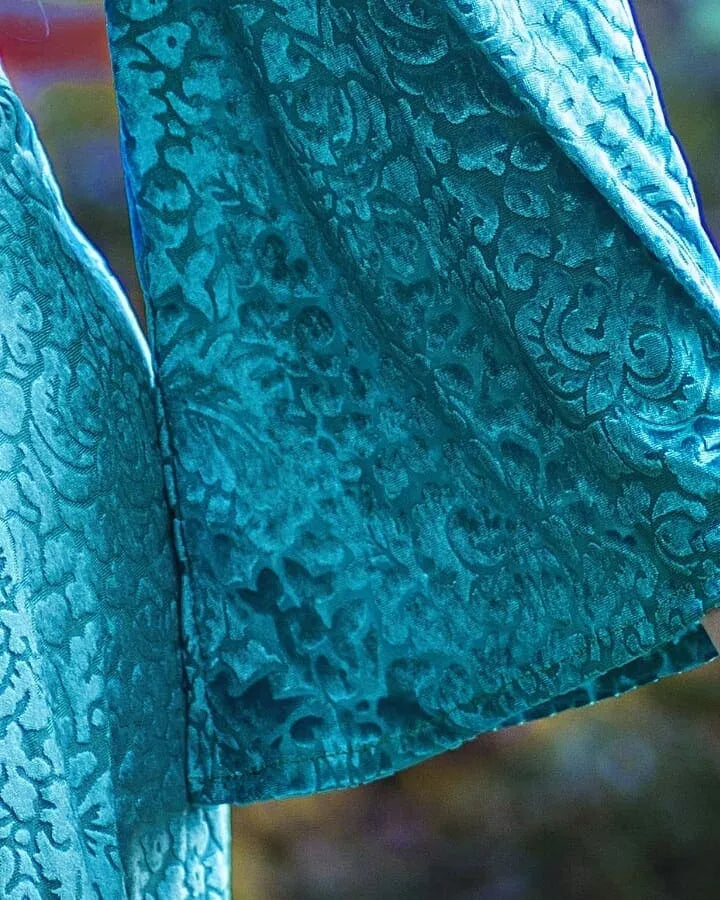 Sea Fairy Teal Burned Velvet Mini Dress – Open-Back Handmade Devoré Velvet Dress Size M (IT 44)