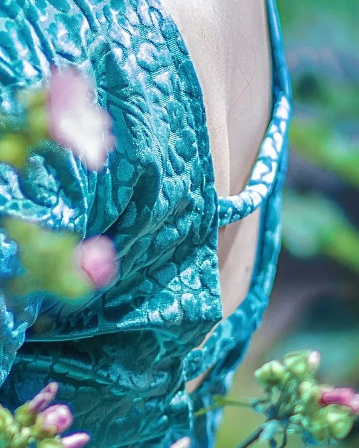 Sea Fairy Teal Burned Velvet Mini Dress – Open-Back Handmade Devoré Velvet Dress Size M (IT 44)