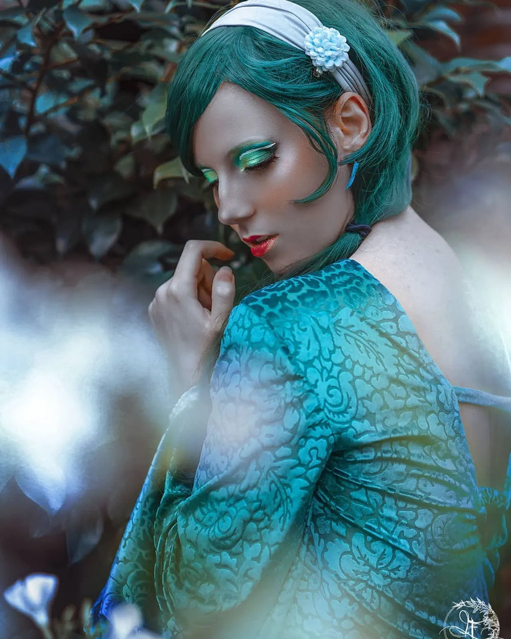 Sea Fairy Teal Burned Velvet Mini Dress – Open-Back Handmade Devoré Velvet Dress Size M (IT 44)