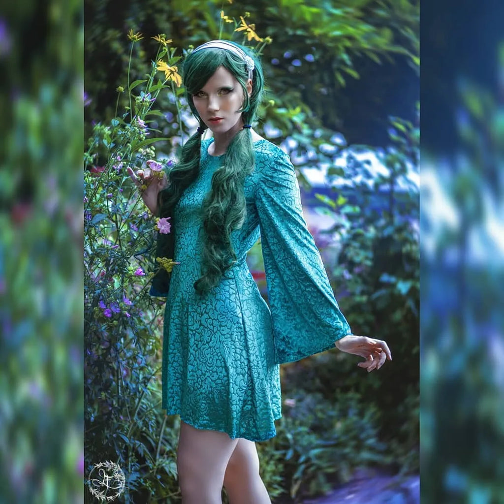 Sea Fairy Teal Burned Velvet Mini Dress – Open-Back Handmade Devoré Velvet Dress Size M (IT 44)