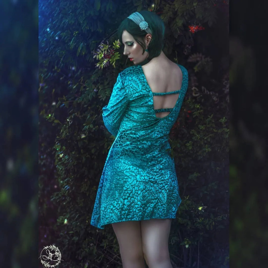 Sea Fairy Teal Burned Velvet Mini Dress – Open-Back Handmade Devoré Velvet Dress Size M (IT 44)