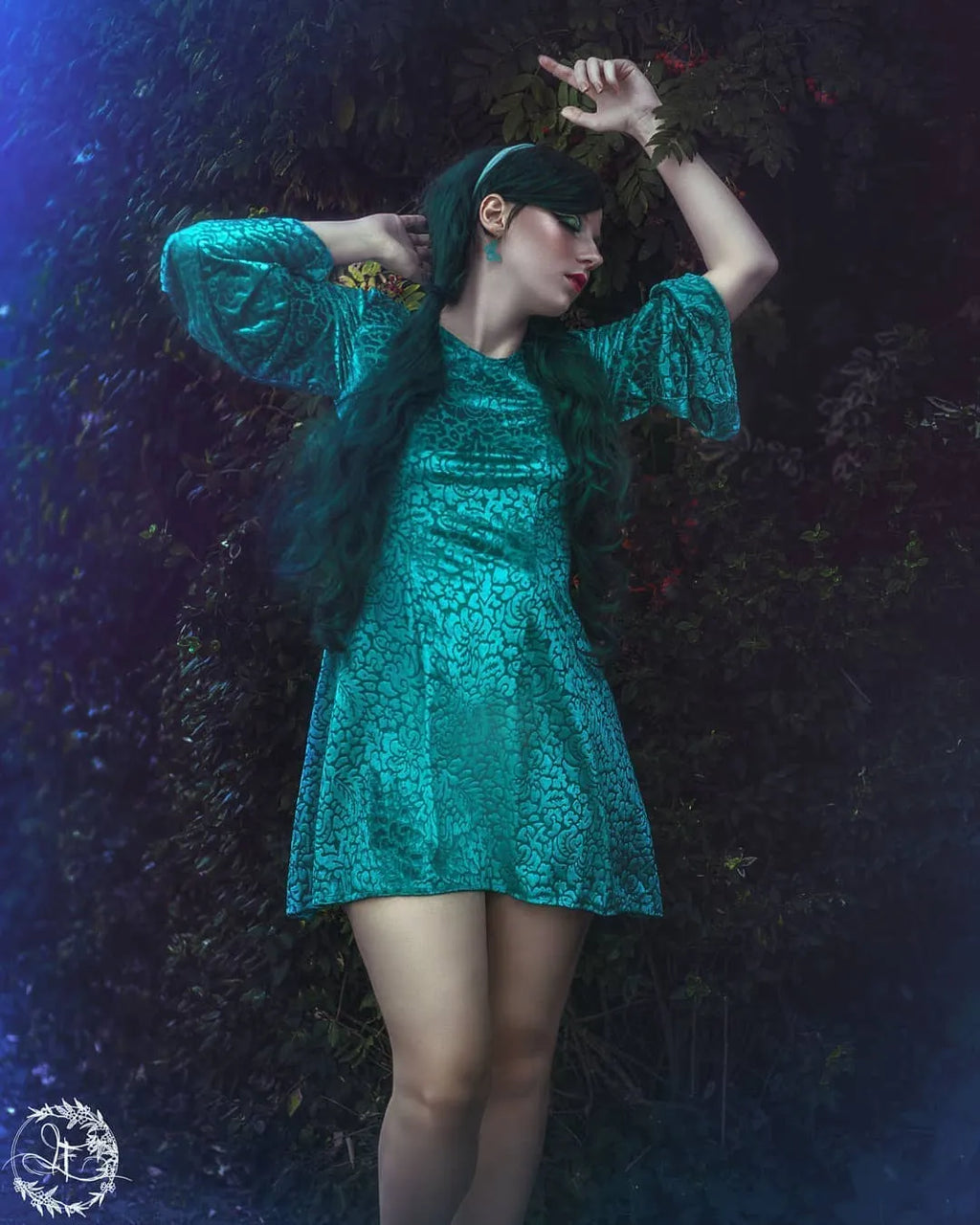 Sea Fairy Teal Burned Velvet Mini Dress – Open-Back Handmade Devoré Velvet Dress Size M (IT 44)